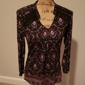 Daniel Rainn Black and Purple Long Sleeve Fitted Blouse with Graphic Design